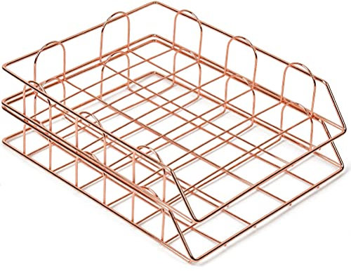 2 Pcs Bandeja de Documentos de Metal Apilable Organizador de Bandeja de Letras Bandeja de Papeles Escritorio Clasificador de Archivos de Escritorio para Hogar, Escuela y Oficina,Oro Rosa