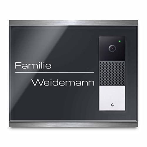 Modernes Klingel Schild für smarte Videotürklingel Netatmo - personalisiertes Türschild aus Edelstahl & Acrylglas | kompatibel mit Video Funk Klingel - Türklingel Funkklingel Zubehör (24x20 cm)