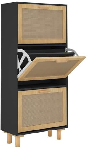 vidaXL Schuhschrank Schuhablage Schuhregal Schuhständer Schuhaufbewahrung Schuhkipper Schuhkommode Schwarz 52x25x115cm Holzwerkstoff Rattan Natur