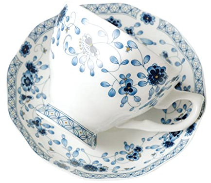 JHNIF Ensemble tasse et soucoupe en porcelaine anglaise bleue et blanche, tasse à thé, tasse à café, 177 ml