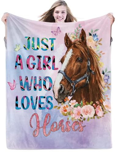 Just a Girl Who Loves Horses Blanket for Girls Horse Flower Throw Blankets Gifts for Kids Light Pink Purple Warm Lightweight Flannel Fleece Blanket for Sofa Couch All Season, 101cm x 127cm