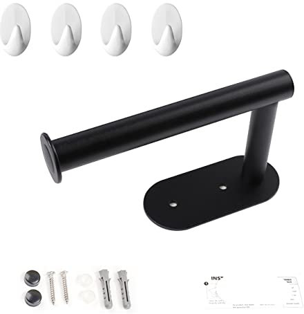 Space Aluminum Toilet Roll Holder - Bathroom Paper Towel Holder, Free Standing or Wall Mounted, Drilled & Self-Adhesive Mounting Option, 4 Hook (Aluminium, Black)