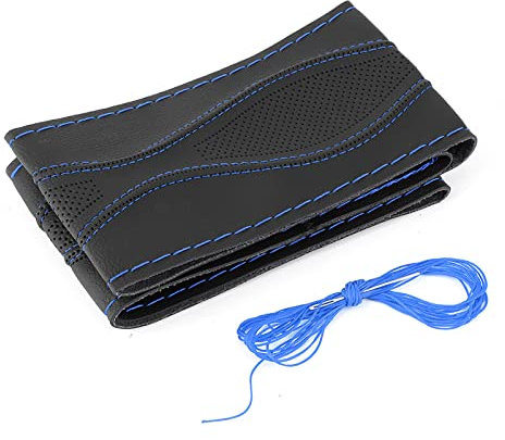Lenkradabdeckung, Leder 38 Cm 15 Zoll DIY Leder Lenkradhülle Handnähte Prägung mit Nadel und Faden für Universal (Schwarz Blau)