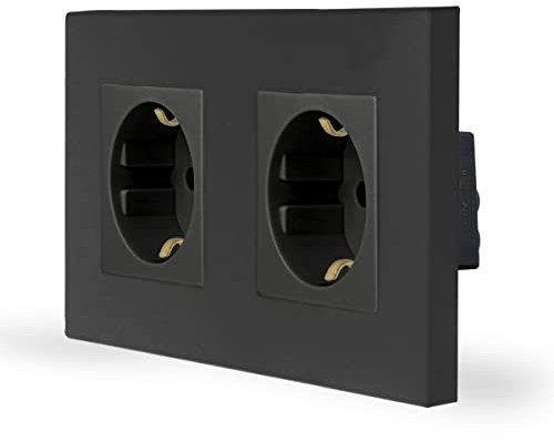 Luxus-Time 2-Fach Schuko Steckdose, Doppelsteckdose, Wandsteckdose mit Kindersicherung, Design Kunststoffrahmen für DE Unterputzdose in schwarz