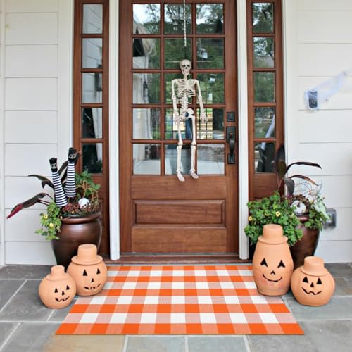 LEEVAN Buffalo Plaid Outdoor-Teppich, 90 x 150 cm, Halloween, Orange und Weiß, Herbst-Fußmatte, waschbar, Baumwolle, gewebt, kariert, Veranda-Teppich, Bauernhaus, Erntedankfest, wendbarer Lagenteppich