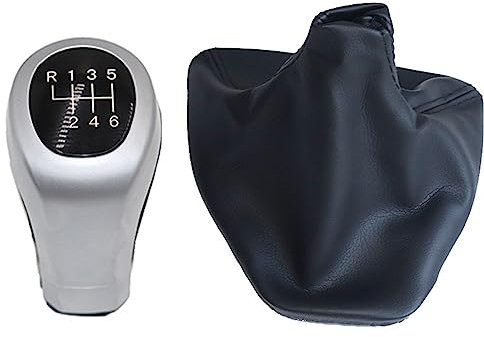 TLYSMG 5/6-Gang-Leder-Auto-Schaltknauf, Hebelmanschette, Kofferraumabdeckung für B-MW 3er-Serie, E90, E91, E92, E93, Dekorationszubehör, 6-Gang-Silber