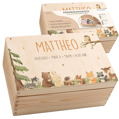 KIDSMOOD - Erinnerungsbox Baby, personalisierte Holzkiste mit Deckel, Ideal zur Aufbewahrung von Erinnerungen und als Geschenk zur Geburt, Taufe oder als Geburtstagsgeschenk für Mädchen und Jungen