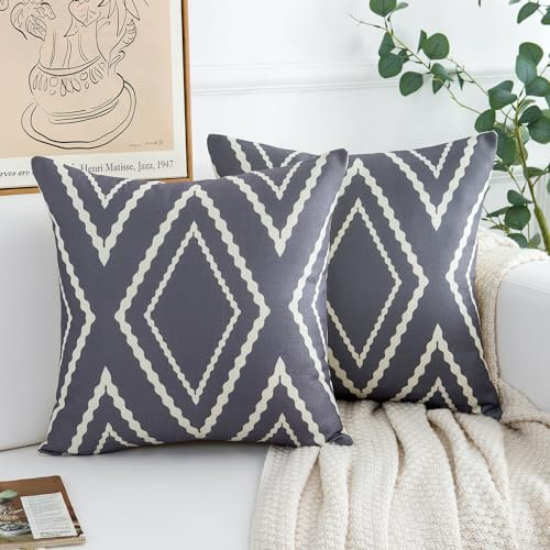 2er Set Kissenbezüge 40x40 cm Moderne Kissenhüllen Leinen Dekorative Sofakissen Dekokissen Grau und Weiß Geometrische Zierkissenbezug für Wohnzimmer Sofa Schlafzimmer Boho Dekor