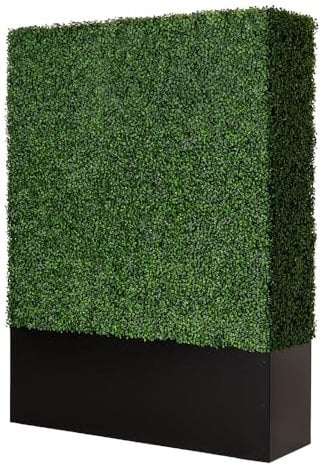 ODQPIS Artificial Boxwood Hedge Wall, Greenery Fake Faux Grass Backdrop Divider with Black Steel Planter Box, Outdoor Privacy Wall for Patio, Balcony, Restaurant, Garden, Party Décor 48 WX64 HX14 D