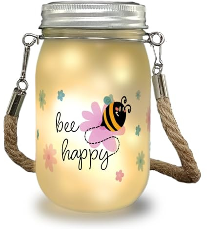 speecheese Bee happy Solarlicht mit niedlicher Biene und Blumen ein buntes Dekolicht für den Garten Dekolampe Frauen Dekoration Solar Einmachglas Licht Blumen