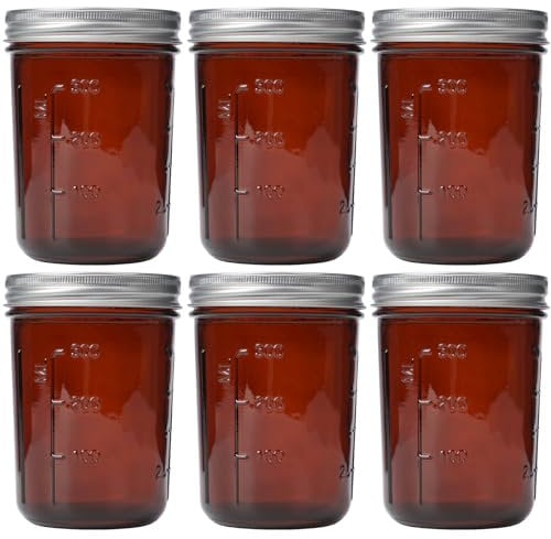 KORCCI Amber Glass Mason Jars 16oz - 6 Pcs Wide Mouth Mason Jars With Lids And Bands. Empty Candle Jar, Food Storage Containers, Canning Jar For Canning, Fermenting, Pickling, Jar Décor.