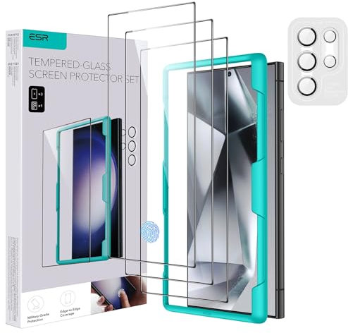 ESR Pack 3+1 Protector Pantalla Samsung Galaxy S24 Ultra, 3 Protectores Pantalla Cristal Templado y 1 Set Protectores Individuales Lentes, Bordes Curvos 2.5D, Cobertura Total, Resistente Arañazos