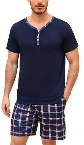 Irdcomps Pyjama Homme Ete Coton Ensembles de Pyjama Court Short à Carreaux Col V à Manches Courtes Vêtements De Nuit Décontracté Été Vêtements de Détente Confortable Bleu Foncé XL