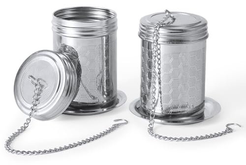 2pcs Tea Infusers for Loose Tea, 304 Stainless Steel Tea Steeper with Drip Tray Extra Fine Mesh Tea Strainer with Chain Hook Tea Filter Diffuser Basket for Teapot Spices (Middle)