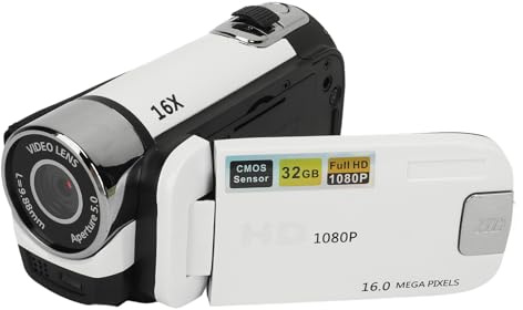 ASHATA D90 1080P Digitaler Videokamera-Camcorder, 16 MP, 16-facher Zoom, Vlogging-Kamera, Videorecorder mit Fülllicht, 2,4 Zoll Drehbarer Bildschirm, DV-Kamera für (White)