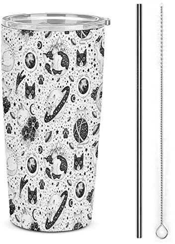 Goth Cat Galaxy, bicchiere in acciaio inox da 590 ml, tazza termica con coperchio e cannuccia e spazzole per cannuccia, tazza da caffè da viaggio a doppia parete