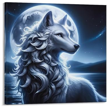 FYRCO Tier-Poster, mythologische Tierwölfe des Silbermonds, dekoratives Gemälde, Leinwand-Poster, 50 x 50 cm