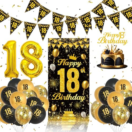 18 Geburtstag Deko Set - Schwarz Und Gold Luftballons, Happy Birthday Banner, Cake Topper, Luftballons 18,18. Geburtstag Junge Mädchen Deko