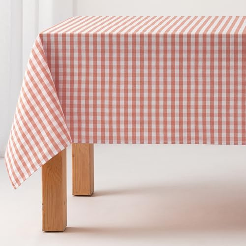 GAMUSI Tischdecke, schmutzabweisend, rechteckig, Vichy-Muster, Baumwolle, wasserdicht, 140 x 100 cm, Lachsfarben