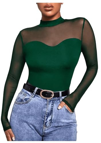GORGLITTER Women's Mesh Long Sleeve Top T Shirt Sheer Mock Neck Stretchy Sexy Party Tee Top