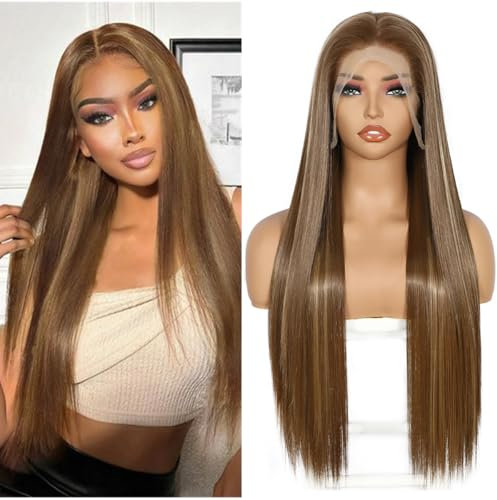 Sapphirewigs Lange gerade Perücke 13x6 Lace Front Perücke Hellbraun Damen Gerade synthetische Haare 150% Dichte Party täglich tragen Weihnachten 26 Zoll