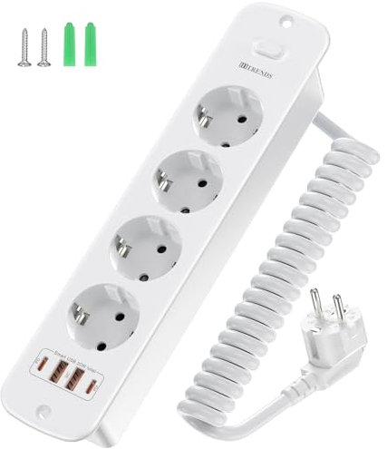 Tischplatte Versenkbare Steckdose mit USB C, 4 Fach Einbausteckdose Steckdosenleiste, Tischsteckdose 4 Fach mit 2m Spiralkabel für Tischplatte, Arbeitsflächen - Weiß - THX - White