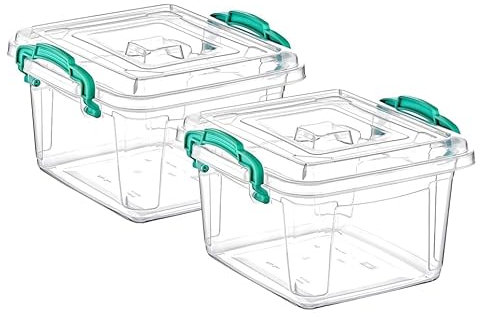 Best House | Small Plastic Storage Box with Clips & Lids | Size: 2.5L (L:20cm W:20cm H:12.5cm) | Set of 2 | Square Shape |Stackable Clear Multipurpose Home Office Kitchen Tools Crafts (2.5 Litres)