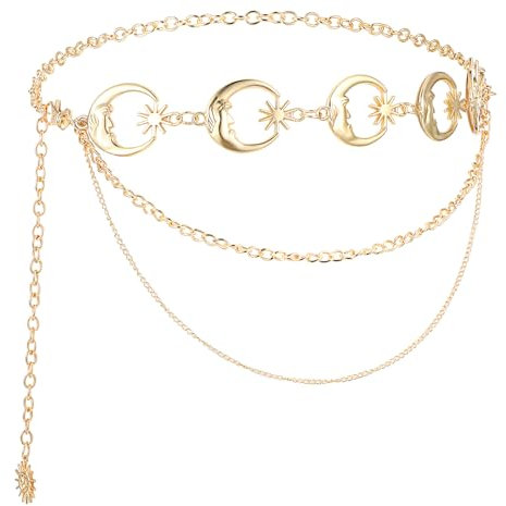 Abeillo Vintage Metall Taillenketten, 3-Lagiger Lange Quasten Mond Anhänger Gürtel, Verstellbare Taillen Kette, Mond Sonne Metallkette Gürtel, Hüftkette Bauchkette für Damen Jean Pants Dress