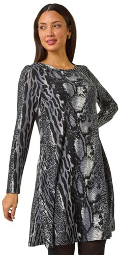 Roman Originals Tunic Dress with Pockets for Women UK Ladies Swing Fit & Flare Skater Slouch Stretchy Casual Smart Winter Jersey Pull On Work Office 3/4 Long Sleeves - Animal Noir - Size 12