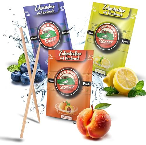 Stoxser 450x Zahnstocher mit Geschmack 3er Pack Blaubeere und Zitrone/Lemon und Pfirsich Geschmacksrevolution Zahnstocher Geschmack Kein Kaugummi Unterstützend zu Zahnpasta Zahnseide Zuckerfrei