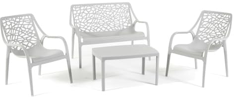 Set / Salon de jardin et extérieur en polypropylène avec fibre de verre 4 places, canapé deux places, 2 fauteuils et table basse, empilable, imperméable, design moderne - Set Maratea (gris clair)