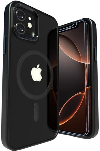 LUNOVATE Case for iPhone 12/12 Pro, [Anti-Yellow] Magnetic Clear Cover with TPU Bumper, Transparent PC Back + 2 Screen Protectors, Shockproof Phone Case for iPhone 12 & iPhone 12 Pro 6.1 Inch - Black