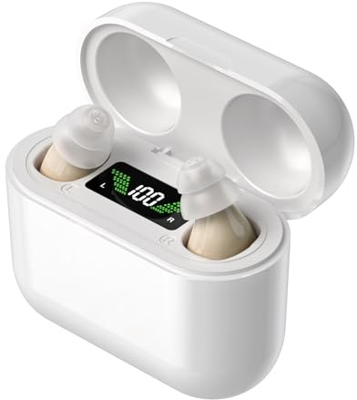Rechargeable Audio Amplifier - Personal Voice Amplifier with Microphone for Enhanced Sound Clarity - Invisible Design with HD Power Display, Noise Reduction & 30hr Battery Life (White+creamy white)
