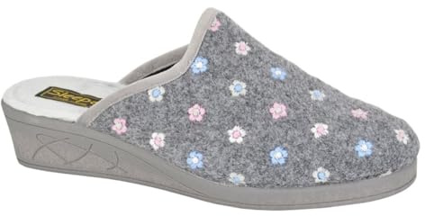 Sleepers Josephine Womens Wedge Slip On Mule Slippers With Wedge Heel And Rubber Sole Grey Floral 6 UK