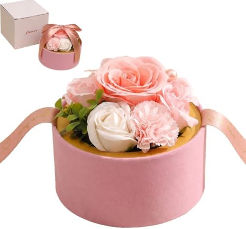 OHiZVZV 1 Stück Rosa Runde Seifenrosen-Box mit Handgemachten Duftenden Seifenblumen, Praktisches und Langlebiges Geschenkset für Muttertag, Valentinstag, Geburtstage und Jubiläen (Zartrosa)