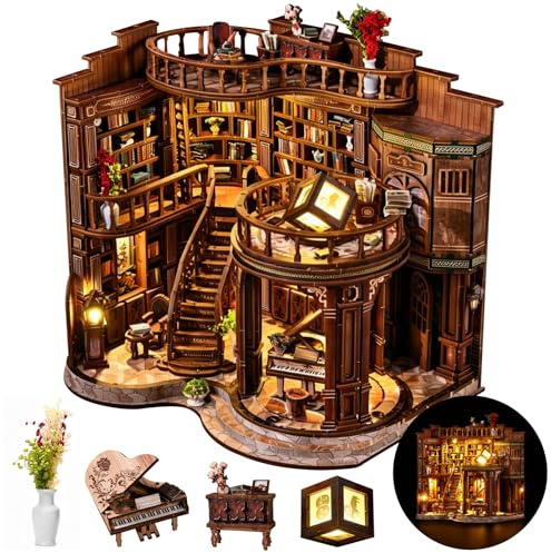 Book Nook Kit für Erwachsene - CRIOLPO DIY Miniatur Haus Holzpuzzle 3D Puppenhaus - Buchstütze für Bücherregal Deko mit Led Licht Kreatives Geschenk für Leser