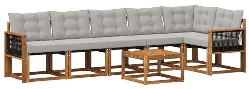 vidaXL Outdoor-Sofagarnitur mit Kissen 7 pcs Natürlich und Hellgrau, Garten, modernes Sofa-Set, langlebige Möbel für draußen, stilvolle Lounge, entspannen am Pool