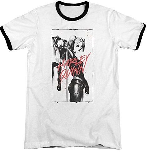 Batman Männer Inked Quinn Ringer T-Shirt, Small, White/Black