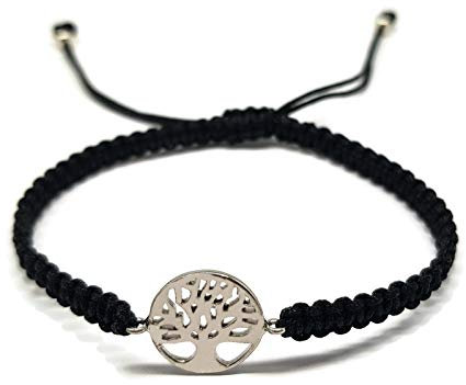 MYSTIC JEWELS By Dalia - Pulsera 925 Plata de Ley - arbol de la Vida - en macrome Hilo Negro - Ajustable - para Regalar (Plata)