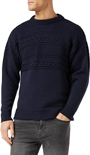 Crew Neck Guernsey Sweater, Navy, L