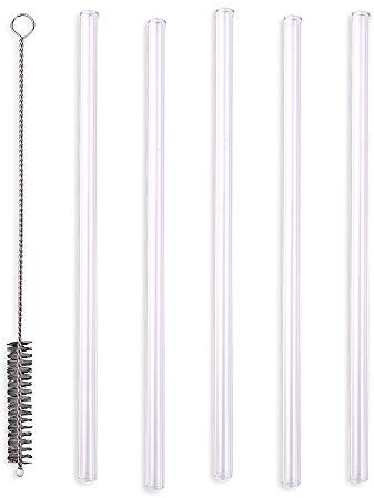 Schramm® 5 Stück Glas Strohhalme gerade Trinkhalme transparent mit Reinigungsbürste wiederverwendbar Glas Glasstrohhalm