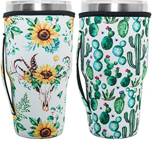 HaiMay 2 Pieces Reusable Iced Coffee Cup Sleeve Insulated Sleeves Cup Cover Holder Ideal for 30oz-32oz Tumbler Cup,Trenta Starbucks,Large Dunkin Donuts, Daisy and Cuctus Style