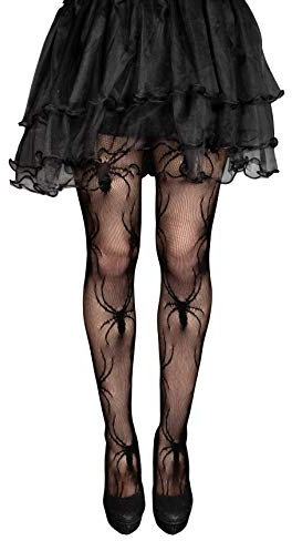 Plitsch Platsch Damen Netz Strumpfhose Spinnennetz Netzstrümpfe mit Totenkopf, Spinne, Knochen, Fledermaus Muster Halloween Fasching Gothic Party Kostüm (Spinnen)