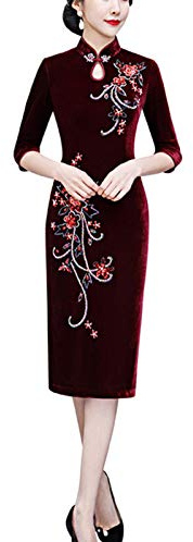 keephen Velvet Qipao Dresses Evening Traditional Chinese Clothing Embroidered Oriental Style 3/4 Sleeve Cheongsam Dress