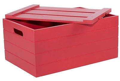 Green Leaves Wooden Crate with Detachable Lid Storage Box Gift Hamper Retail display Shelve Box (Set: L+M+S, Red)