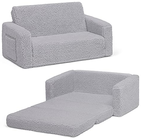 Delta Children Cozee Flip-Out Sherpa 2-in-1 Convertible Sofa to Lounger for Kids, Grey