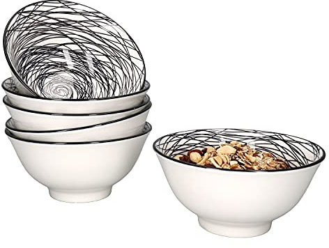 MamboCat 6-teiliges Schüssel-Set Rabisco I Müsli-Schalen-Set für 6 Personen I tiefe Bowls beidseitig glänzend lasiert I Schale in Schwarz-Weiß I Hochwertiges Porzellan Geschirr-Set mit Ø 16cm