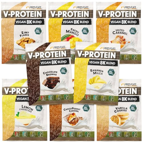 Veganes Protein-Pulver Proben-Paket, 8x30g Mix-Pack - alle Geschmacksvarianten in einer Mix-Box – unglaublich lecker - pflanzliches Protein mit 72-81% Eiweiß - V-PROTEIN 8K Probe
