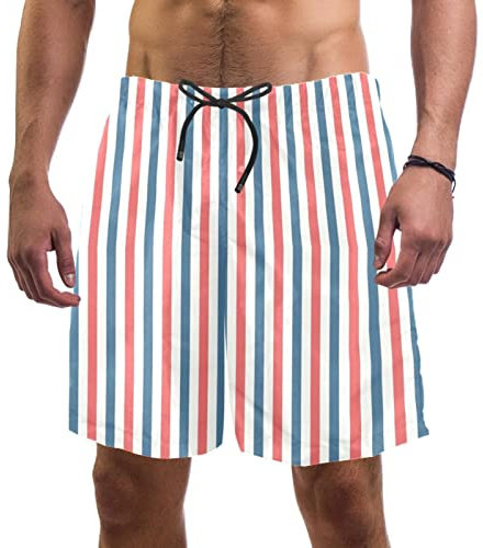 GORDESC Patriotic Herren Badehose mit Taschen, Netzfutter, Blau / Rot / Weiß gestreift, mehrfarbig, S 7-9