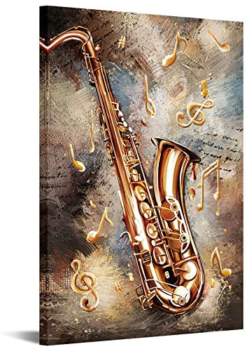 sechars Vintage Music Wall Art Prints Saxophon Musical Instruments with Music Notes Painting on Canvas Jazz Poster Framed for Home Living Room Music Classroom Decoration 24x36 Inch
